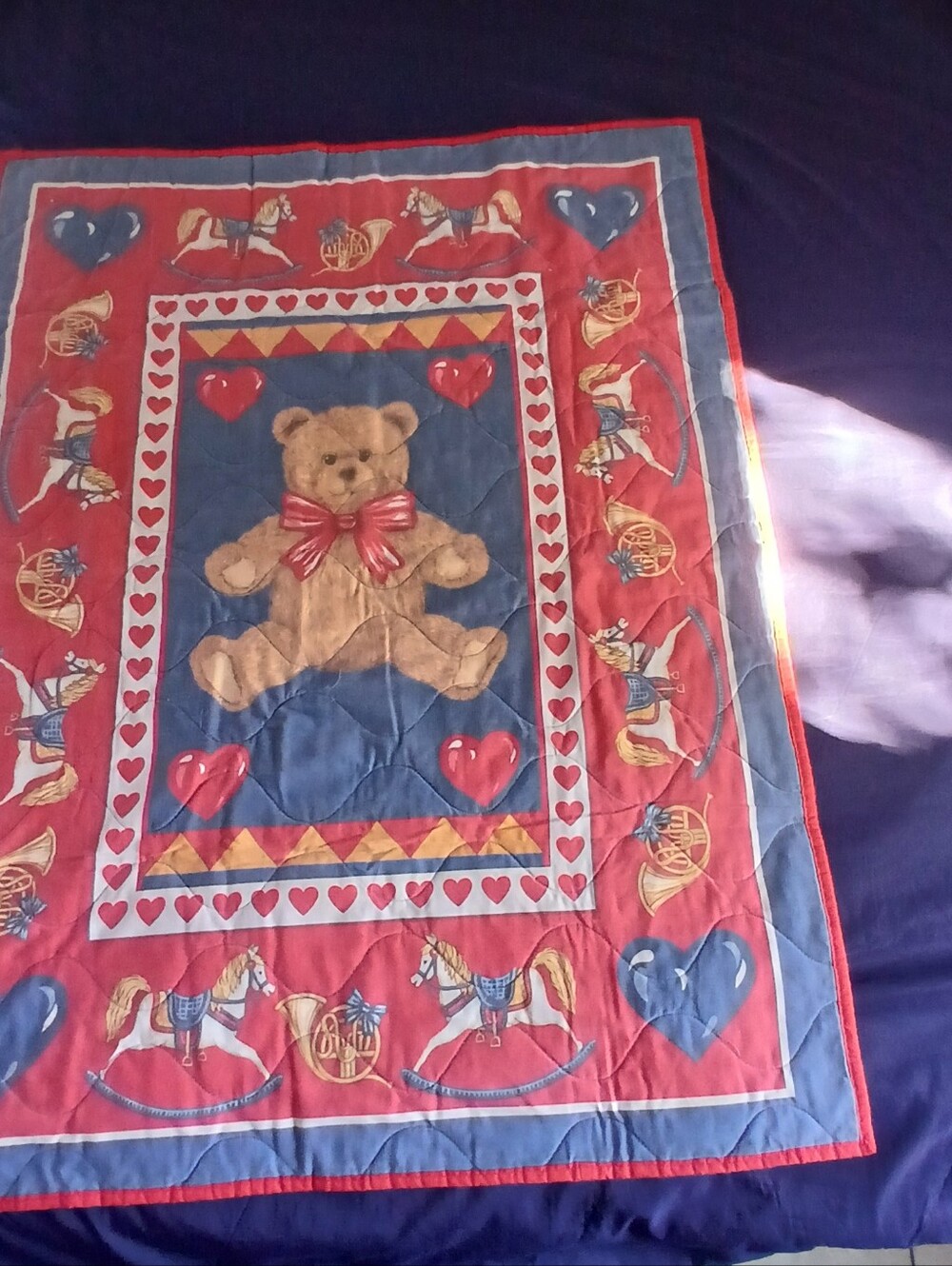 Vintage Teddy Bear & Hearts Crib Quilt Multicolor Quilted Baby Coverlet